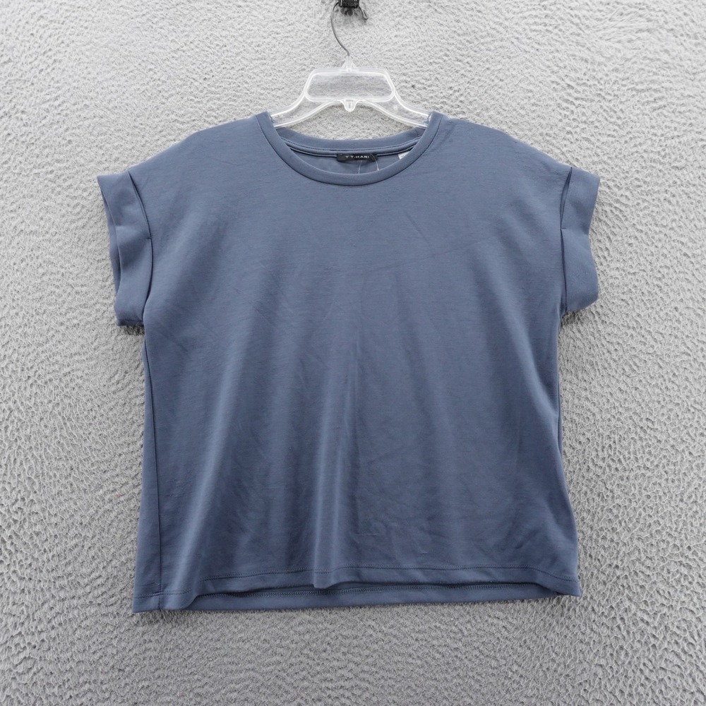 T Tahari Women's Blue Tencel Blend Short Sleeve Rolled Cuff TShirt XS NEW